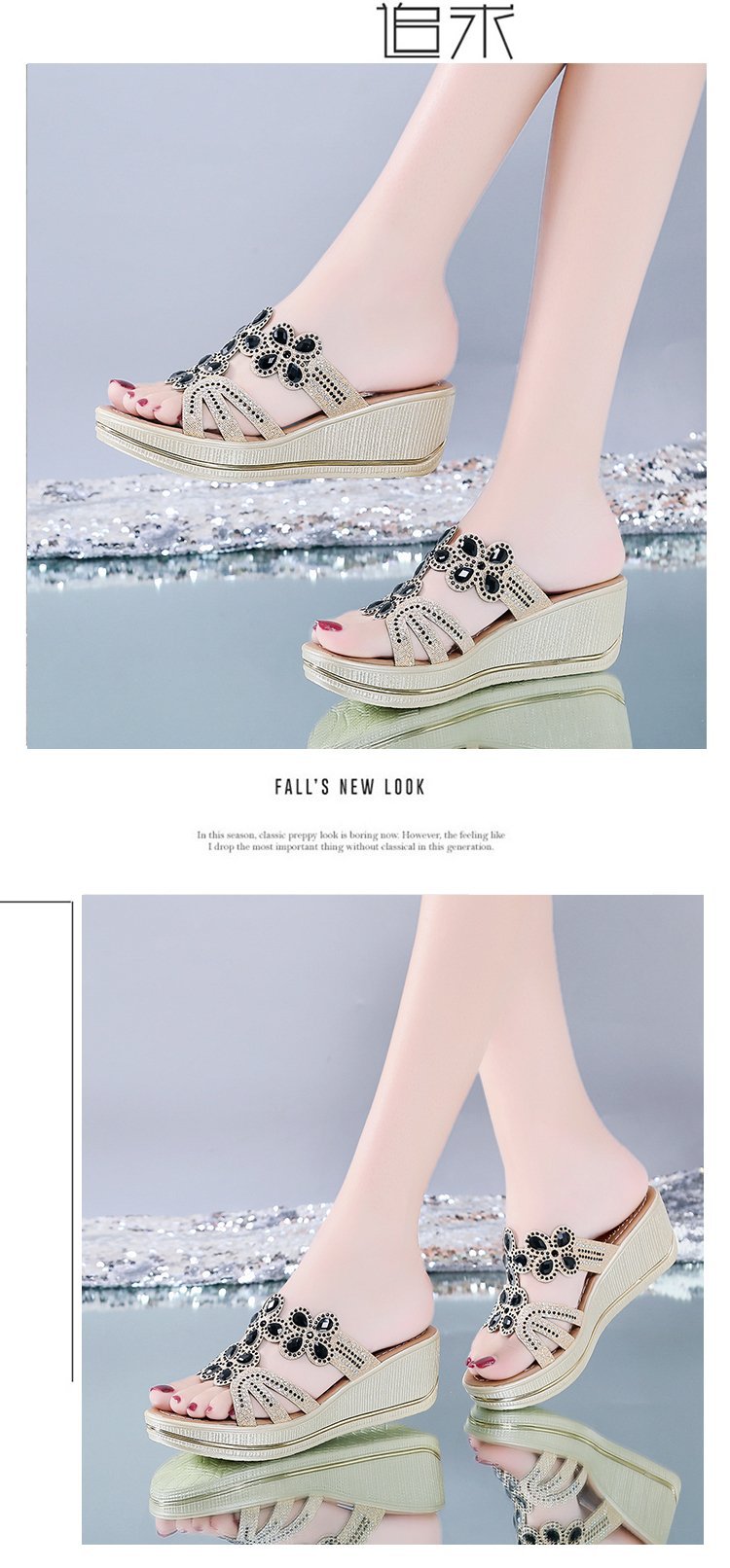 Fashionable Bohemian wedge heel sandals, open-toe breathable casual thick-soled women's shoes, sparkling diamond slippers, open shoes.