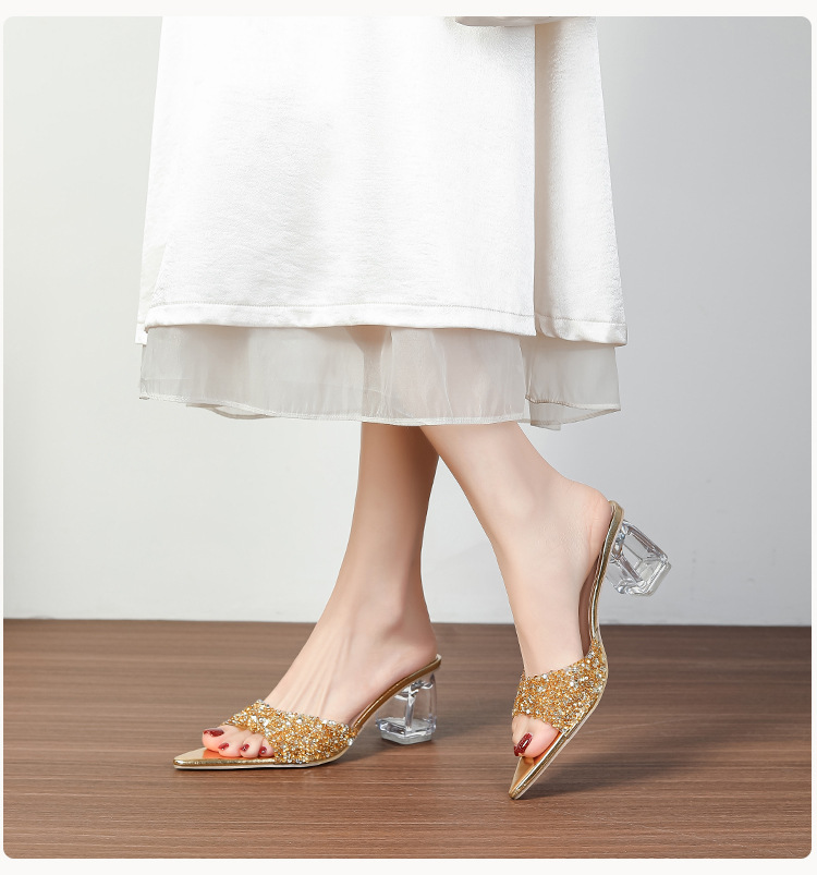 Gold rhinestone women's mule shoes, thick and transparent heels, pointed toe sandals, fashionable banquet high heels.Open shoes.