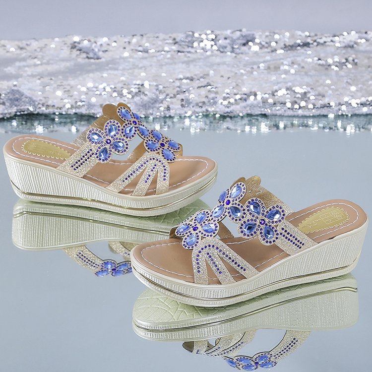 Fashionable Bohemian wedge heel sandals, open-toe breathable casual thick-soled women's shoes, sparkling diamond slippers, open shoes.