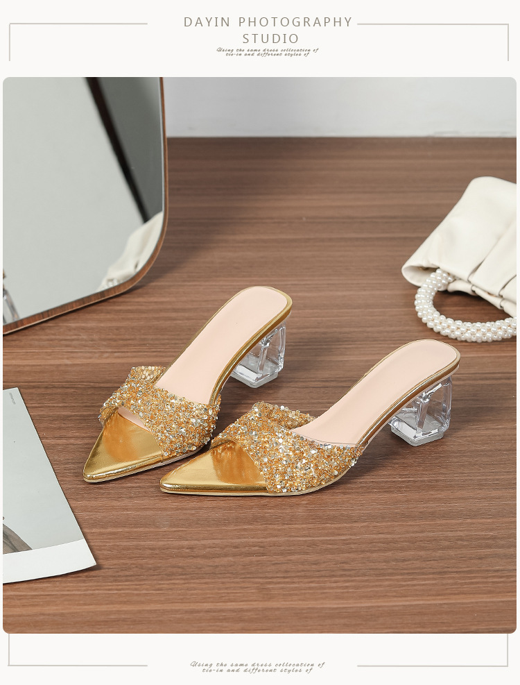 Gold rhinestone women's mule shoes, thick and transparent heels, pointed toe sandals, fashionable banquet high heels.Open shoes.