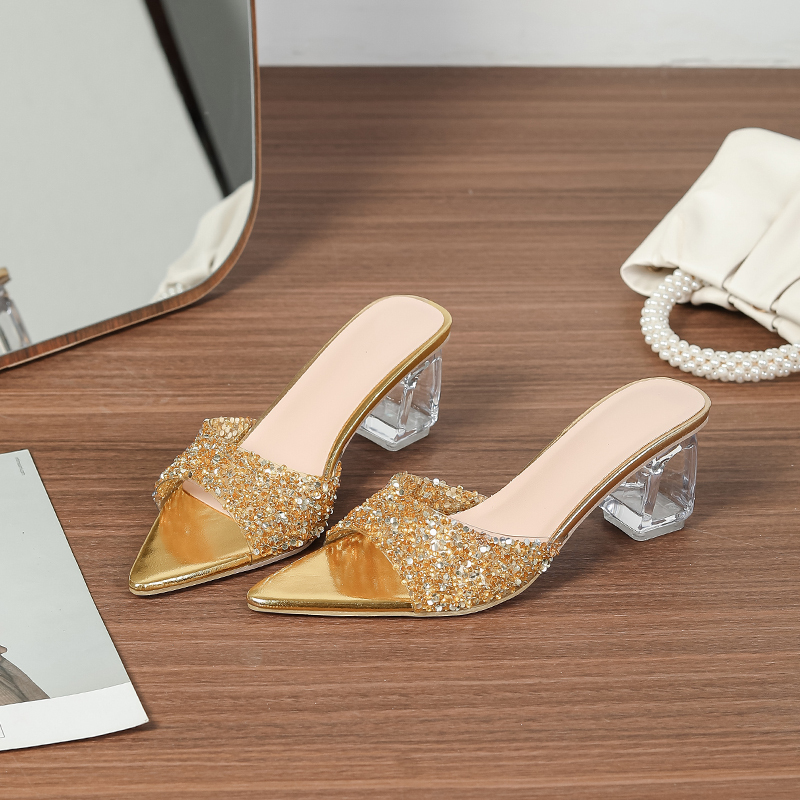 Gold rhinestone women's mule shoes, thick and transparent heels, pointed toe sandals, fashionable banquet high heels.Open shoes.