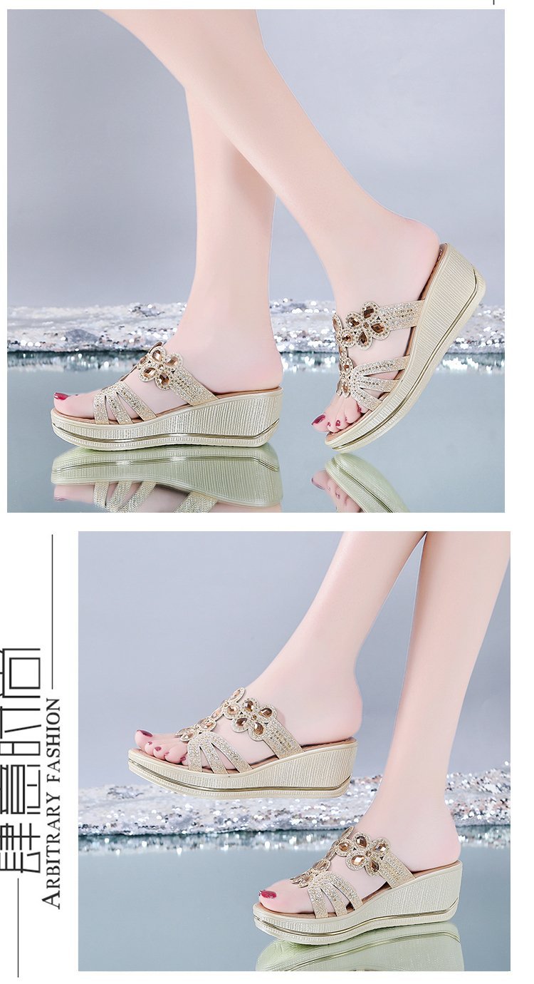 Fashionable Bohemian wedge heel sandals, open-toe breathable casual thick-soled women's shoes, sparkling diamond slippers, open shoes.