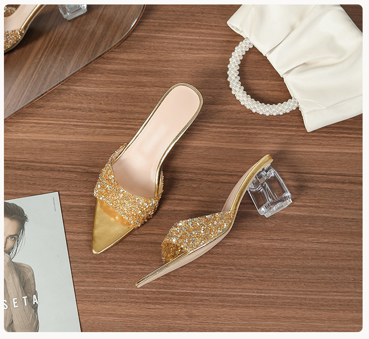 Gold rhinestone women's mule shoes, thick and transparent heels, pointed toe sandals, fashionable banquet high heels.Open shoes.