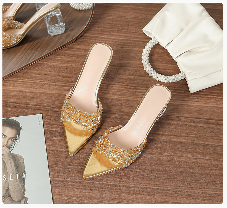 Gold rhinestone women's mule shoes, thick and transparent heels, pointed toe sandals, fashionable banquet high heels.Open shoes.