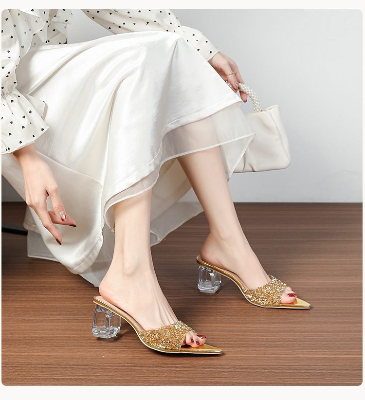 Gold rhinestone women's mule shoes, thick and transparent heels, pointed toe sandals, fashionable banquet high heels.Open shoes.