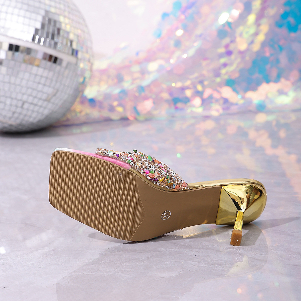 Women's sequined high-heeled sandals, open-toe high-heeled women's fashion sandals, open shoes.