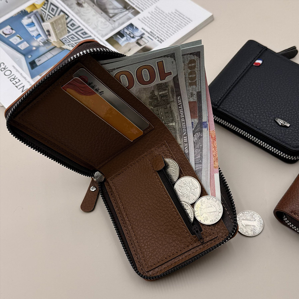 Men Short Wallets Zipper Business Billfold Horizontal Wallet Credit Card Holder-Black
