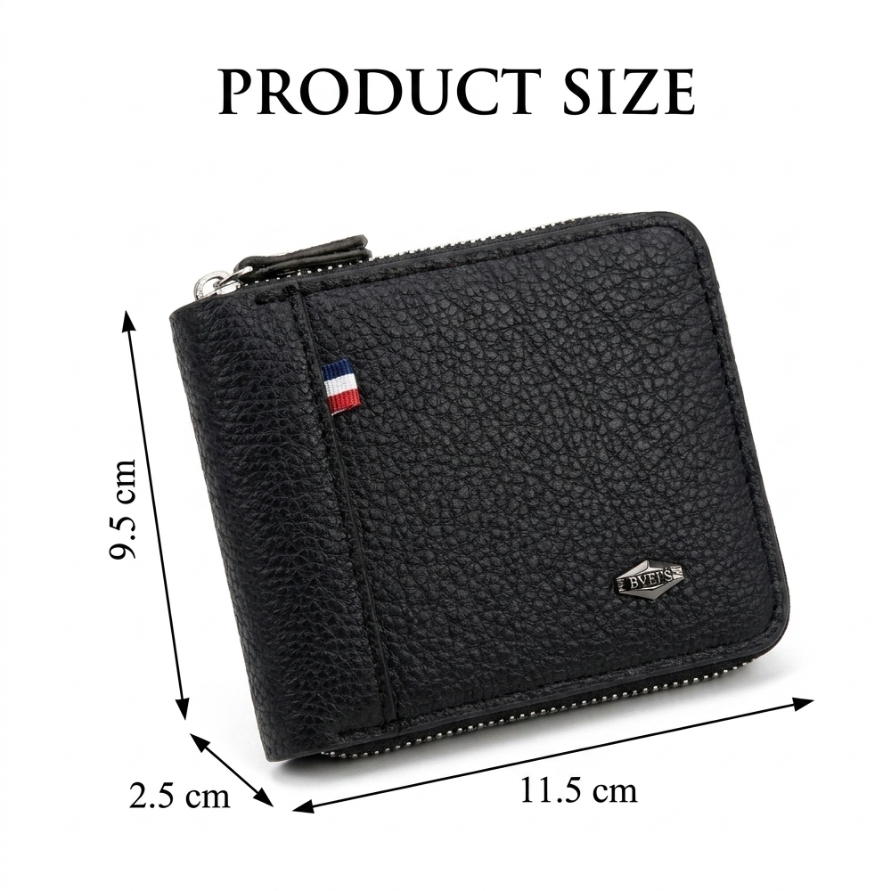 Men Short Wallets Zipper Business Billfold Horizontal Wallet Credit Card Holder-Black