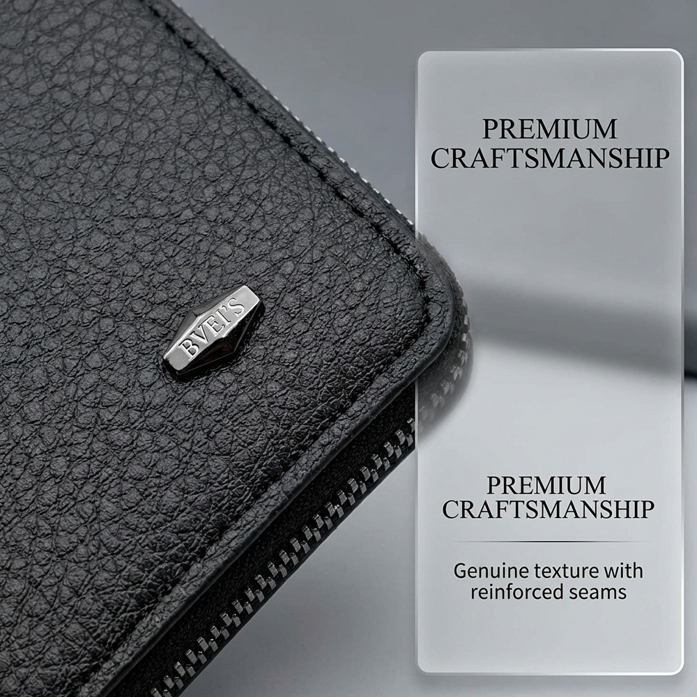 Men Short Wallets Zipper Business Billfold Horizontal Wallet Credit Card Holder-Black