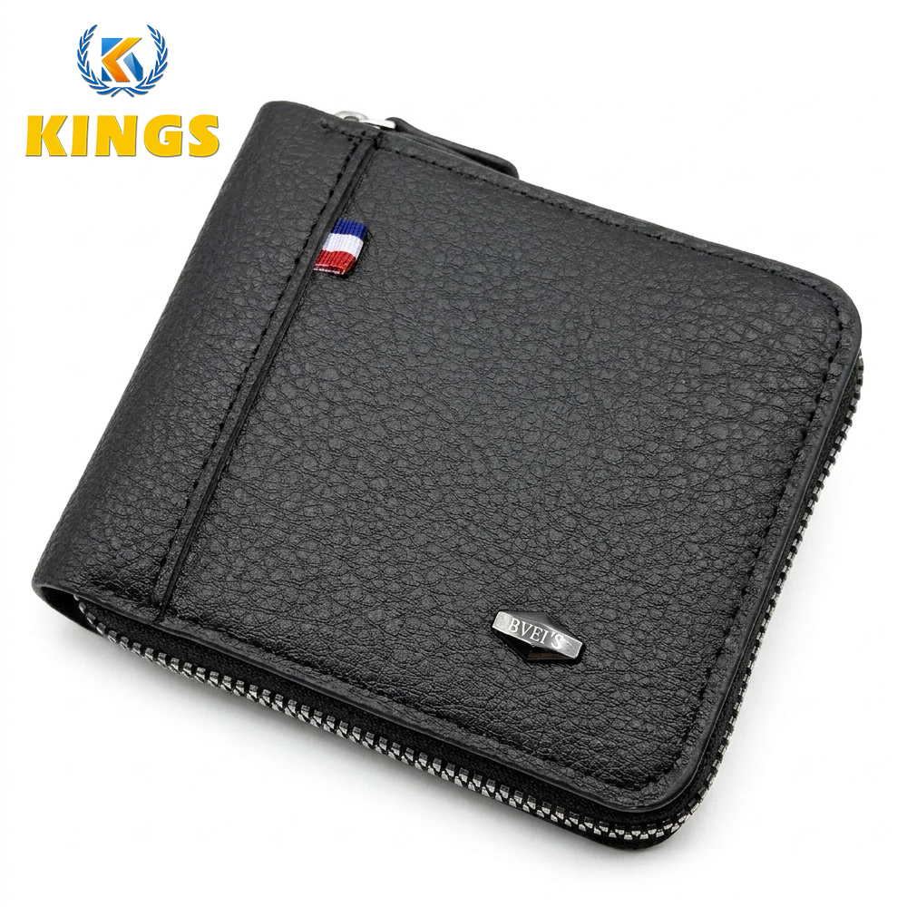 Men Short Wallets Zipper Business Billfold Horizontal Wallet Credit Card Holder-Black
