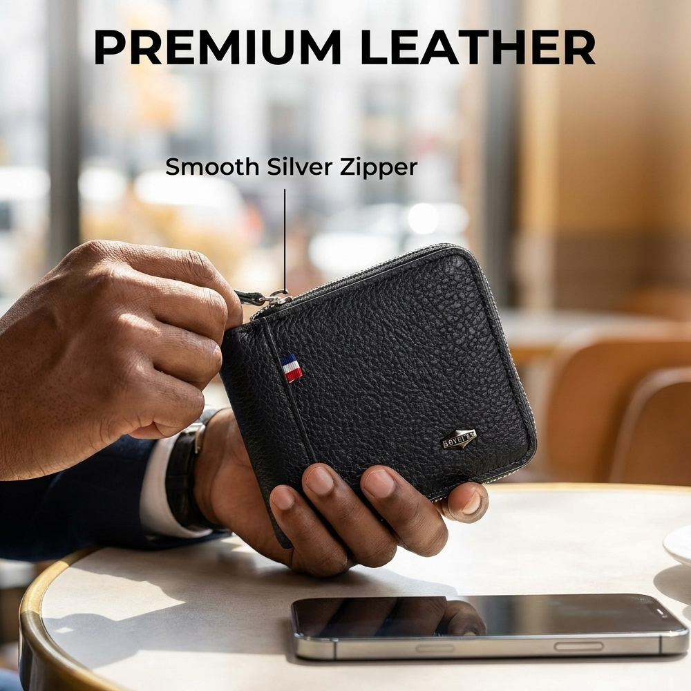 Men Short Wallets Zipper Business Billfold Horizontal Wallet Credit Card Holder-Black