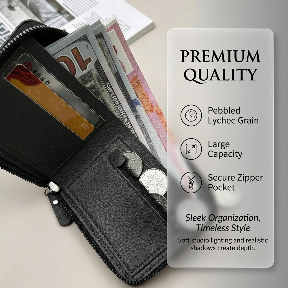 Men Short Wallets Zipper Business Billfold Horizontal Wallet Credit Card Holder-Black