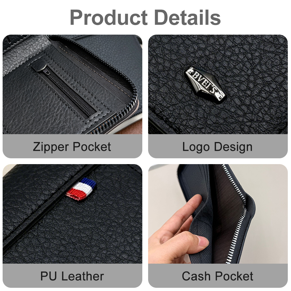 Men Short Wallets Zipper Business Billfold Horizontal Wallet Credit Card Holder-Black