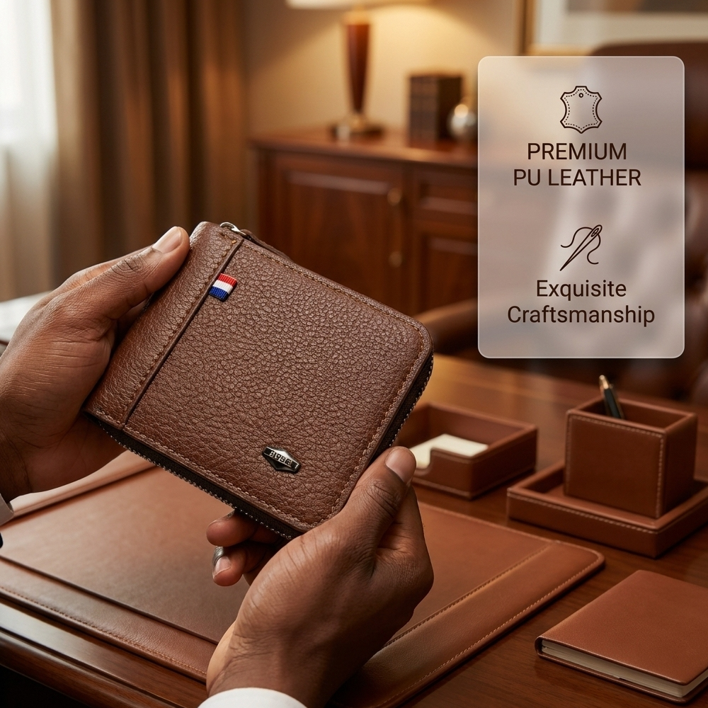 Men Short Wallets Zipper Business Billfold Horizontal Wallet Credit Card Holder-Black