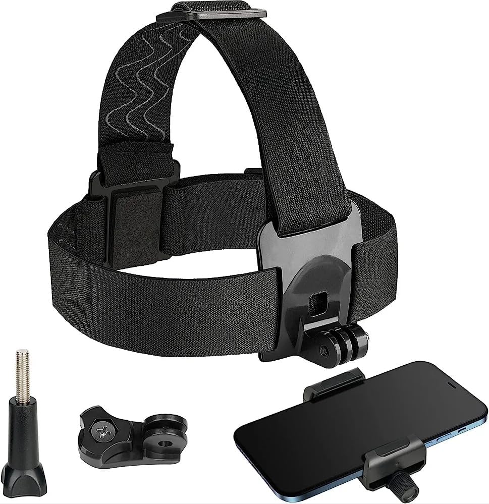 Head Strap Mount, Adjustable Action Camera Head Mount with Phone Holder for Smartphones and Action Cameras