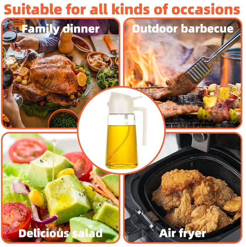 VEDO 2-in-1 Spray & Pour Oil Bottle, 470ml Glass Oil Dispenser for Cooking, Air Fryer, BBQ, Salad, Precise Oil Control Kitchen Tool