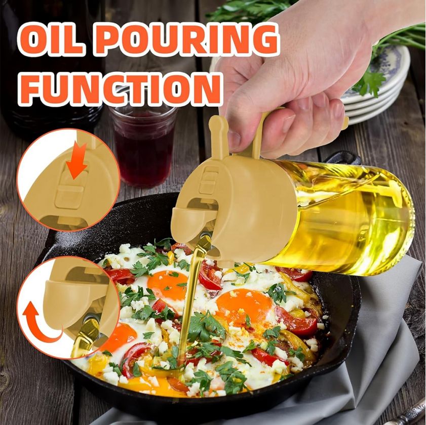 VEDO 2-in-1 Spray & Pour Oil Bottle, 470ml Glass Oil Dispenser for Cooking, Air Fryer, BBQ, Salad, Precise Oil Control Kitchen Tool