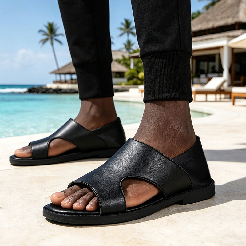 SXCHEN Men's Fashion Sandal Shoes – Black With Minimalist Cut-Out Detail, Durable Stitching, Suitable For Urban Outings & Relaxed Summer Outfits, All Sizes Available