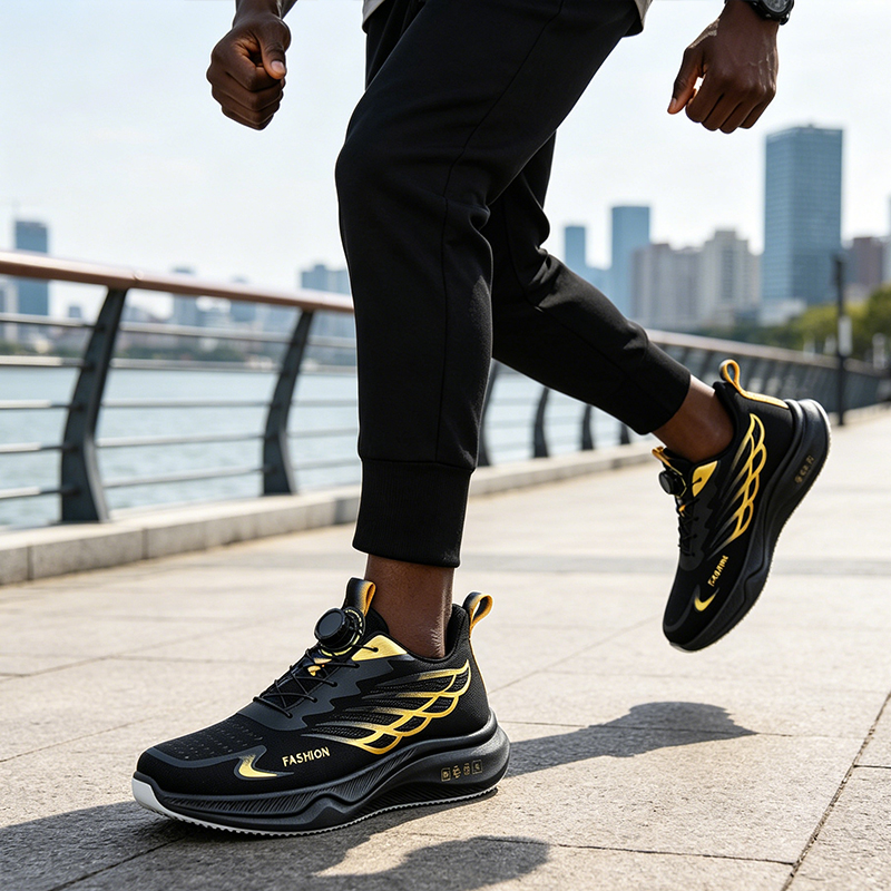 SXCHEN Men's Performance Sneaker Shoes – Black With Gold Accents, Shock-Absorbing Midsole, Non-Slip Traction Sole, Ideal For Running, Training & All-Day Comfort, All Sizes Available