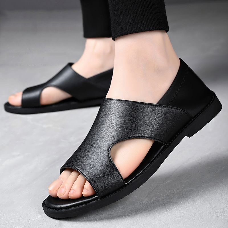 SXCHEN Men's Fashion Sandal Shoes – Black With Minimalist Cut-Out Detail, Durable Stitching, Suitable For Urban Outings & Relaxed Summer Outfits, All Sizes Available