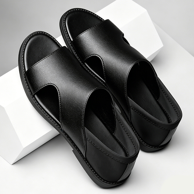SXCHEN Men's Fashion Sandal Shoes – Black With Minimalist Cut-Out Detail, Durable Stitching, Suitable For Urban Outings & Relaxed Summer Outfits, All Sizes Available