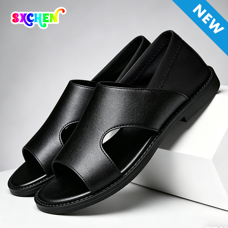 SXCHEN Men's Fashion Sandal Shoes – Black With Minimalist Cut-Out Detail, Durable Stitching, Suitable For Urban Outings & Relaxed Summer Outfits, All Sizes Available