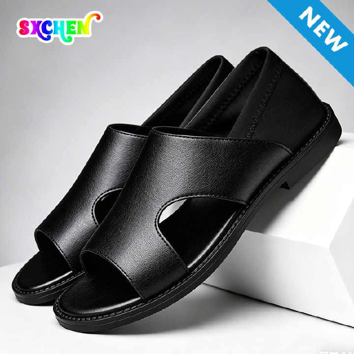 SXCHEN Men's Fashion Sandal Shoes – Black With Minimalist Cut-Out Detail, Durable Stitching, Suitable For Urban Outings & Relaxed Summer Outfits, All Sizes Available
