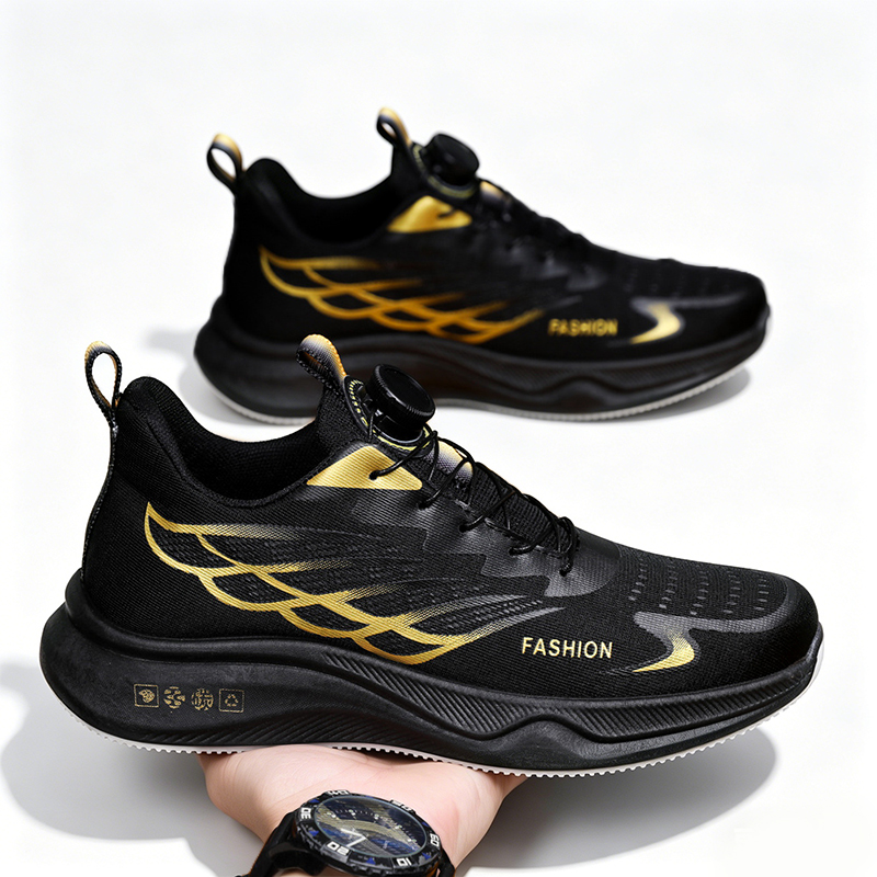 SXCHEN Men's Performance Sneaker Shoes – Black With Gold Accents, Shock-Absorbing Midsole, Non-Slip Traction Sole, Ideal For Running, Training & All-Day Comfort, All Sizes Available