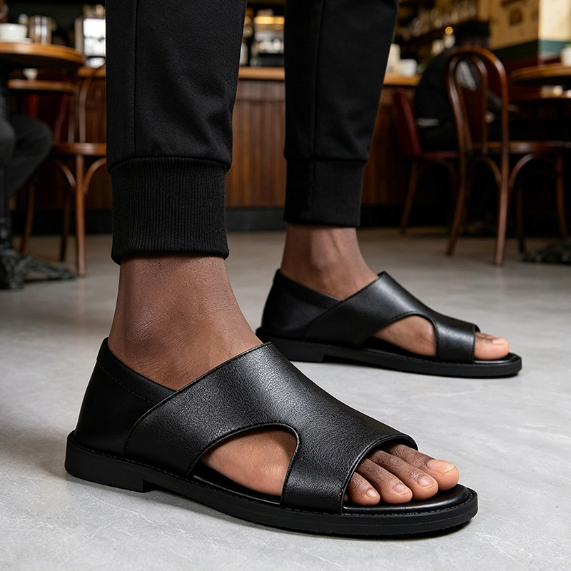 SXCHEN Men's Fashion Sandal Shoes – Black With Minimalist Cut-Out Detail, Durable Stitching, Suitable For Urban Outings & Relaxed Summer Outfits, All Sizes Available