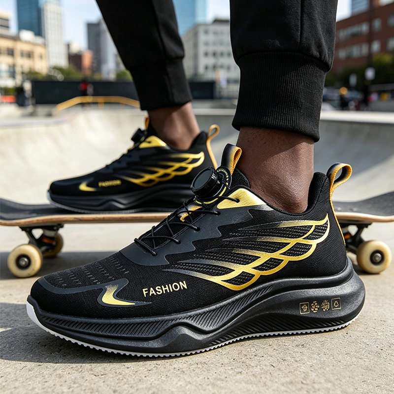 SXCHEN Men's Performance Sneaker Shoes – Black With Gold Accents, Shock-Absorbing Midsole, Non-Slip Traction Sole, Ideal For Running, Training & All-Day Comfort, All Sizes Available