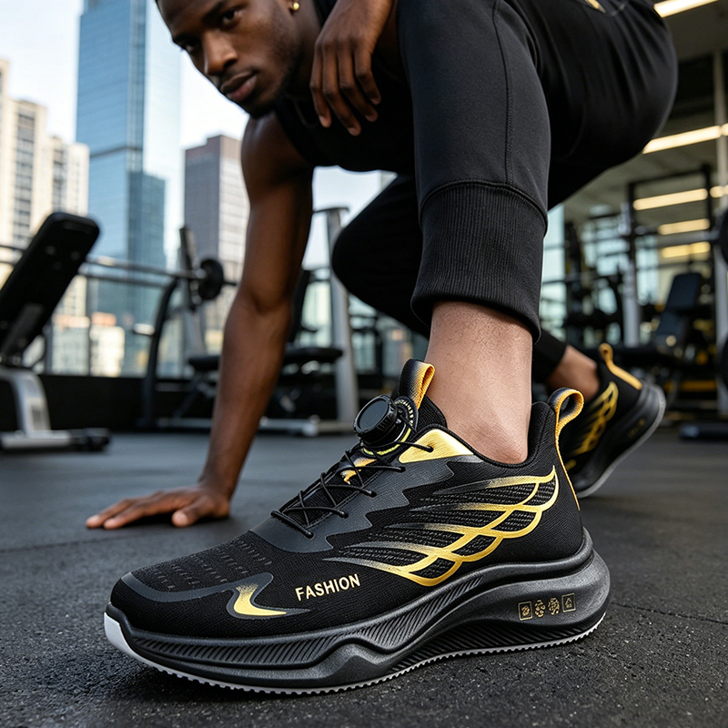 SXCHEN Men's Performance Sneaker Shoes – Black With Gold Accents, Shock-Absorbing Midsole, Non-Slip Traction Sole, Ideal For Running, Training & All-Day Comfort, All Sizes Available