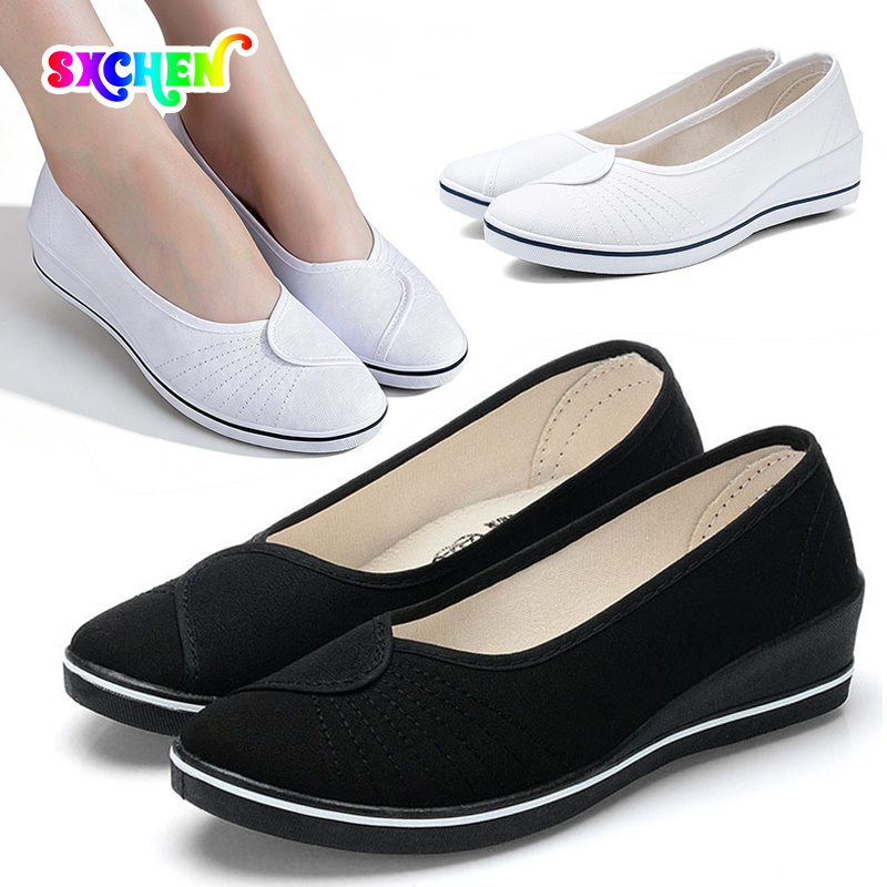 SXCHEN Women's Shoes Small White Shoes Loafers Nurse Shoes Female Ladies Shoes White Wedge Soft Bottom New Cloth Shoes Flat Party Office Girl Lovers Gift Latest Shoes Mom Shoe Sneakers Plus Size Black