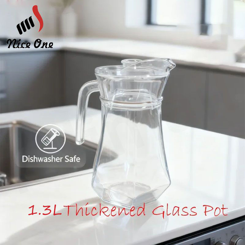 1PC 1.3L Vertical Bar Thickened Glass Jug Heat Resistant Cold Water Pot Household Juice Pot Drink Container Daily Kitchen Drinkware （JUG J-7） In Stock