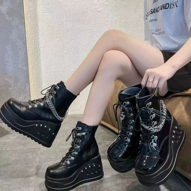 Women Black Cool Fashion Motorcycle Platform Boots PU Leather Lace Up Punk Boots