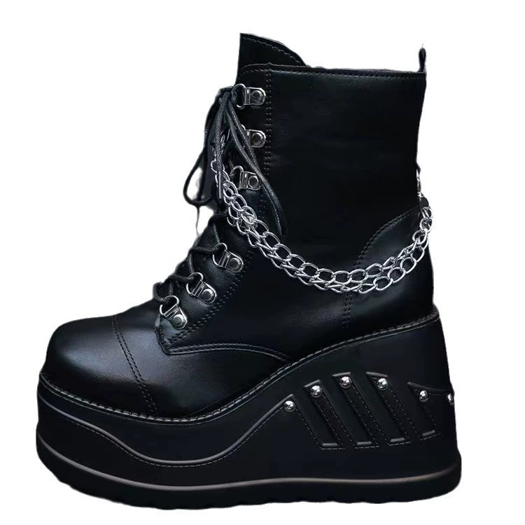 Women Black Cool Fashion Motorcycle Platform Boots PU Leather Lace Up Punk Boots