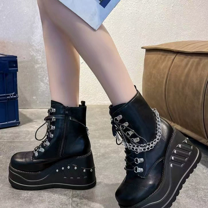 Women Black Cool Fashion Motorcycle Platform Boots PU Leather Lace Up Punk Boots