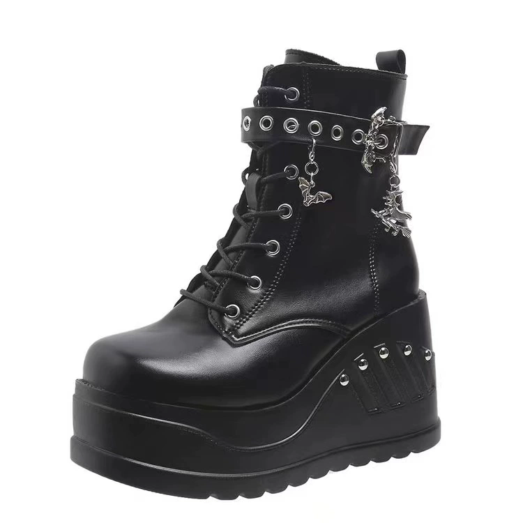 Women Black Cool Fashion Motorcycle Platform Boots PU Leather Lace Up Punk Boots