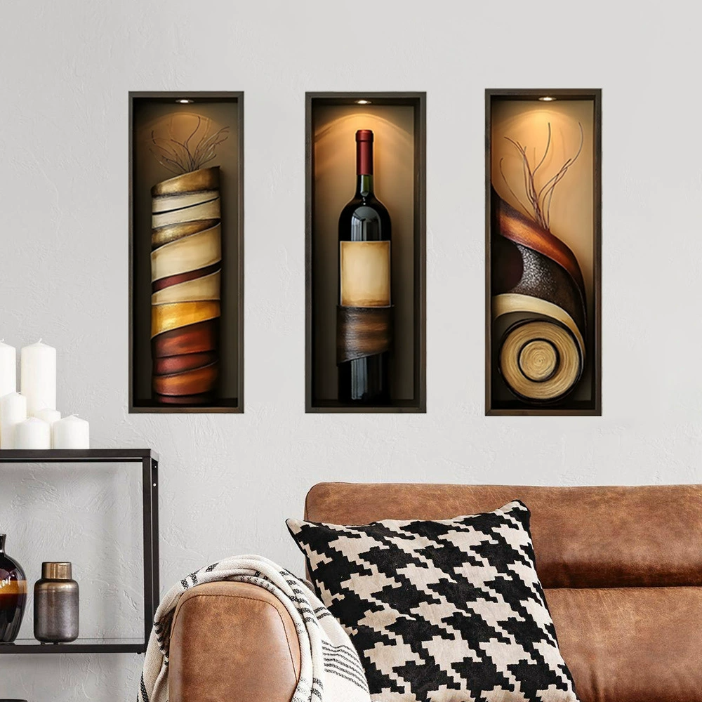 New PVC Wall Stickers Art Triple Panel Flower Vase & Wine Bottle Wall Decals Self-Adhesive Home Background Decoration for Living Room  Entryway & Hallway Home Decor Accents