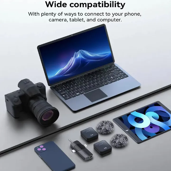 3in1 Wireless Lavalier Lapel Microphone with Noise Reduction, Compatible with Camera, iPhone & Android, Professional Mic for Video Recording, Podcast, Interview and Live Broadcast