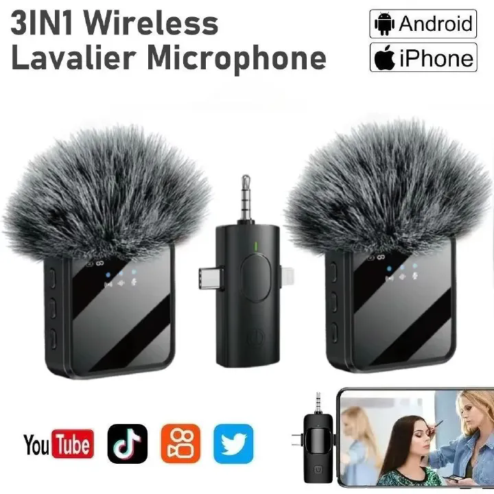 3in1 Wireless Lavalier Lapel Microphone with Noise Reduction, Compatible with Camera, iPhone & Android, Professional Mic for Video Recording, Podcast, Interview and Live Broadcast