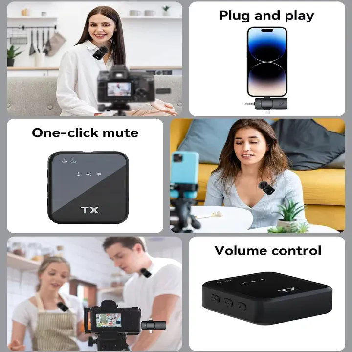 3in1 Wireless Lavalier Lapel Microphone with Noise Reduction, Compatible with Camera, iPhone & Android, Professional Mic for Video Recording, Podcast, Interview and Live Broadcast