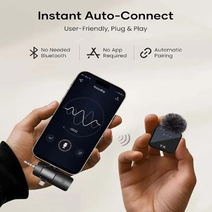 3in1 Wireless Lavalier Lapel Microphone with Noise Reduction, Compatible with Camera, iPhone & Android, Professional Mic for Video Recording, Podcast, Interview and Live Broadcast