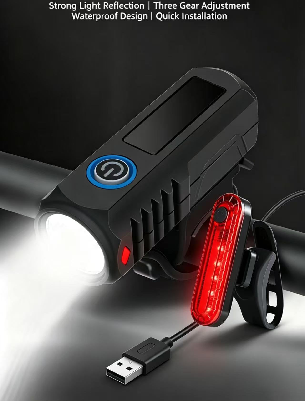 USB Rechargeable Bike Light Set Front and Rear Super Bright LED Bicycle Lights Waterproof Safety Warning Light for Night Cycling