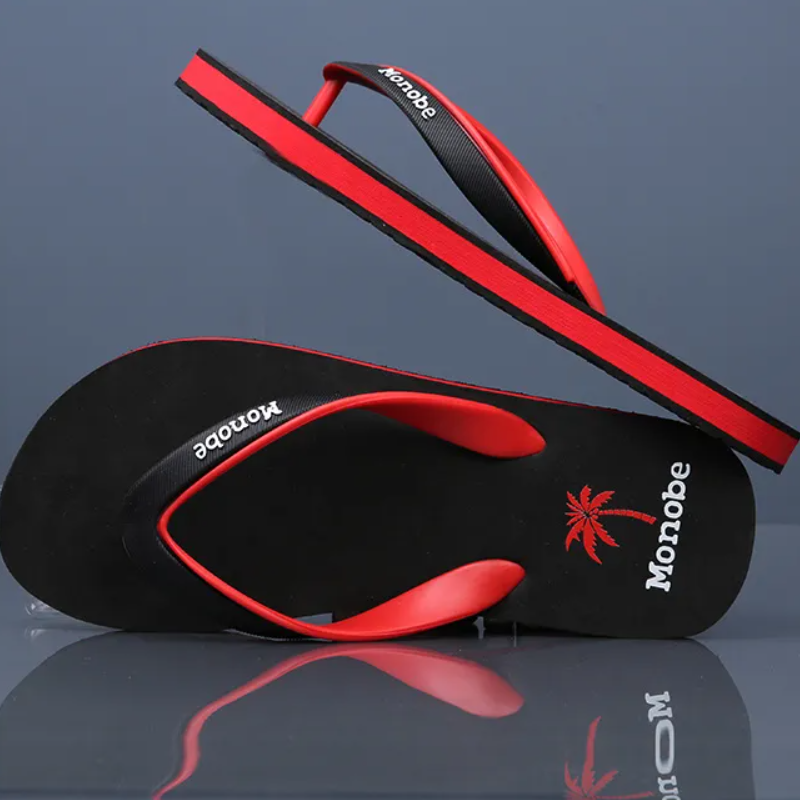 Men's Summer Flip Flops, Black-Red Rubber Thong Sandals For Pool & Outdoor Activities, Durable Waterproof Material, Non-Slip Grip Sole, Easy Slip-On, All Sizes, Casual Beach Footwear For Gentlemen