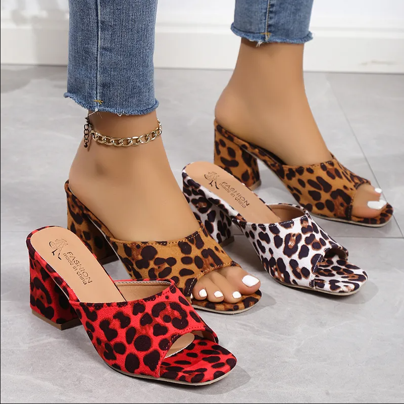 Women's Red Leopard Print Block Heel Mule Shoes, Open-Toe Slide Sandals With Chunky Heel, Suede-Like Upper, Comfort Footbed, Plus Size Available, Bold Party & Daily Footwear For Ladies
