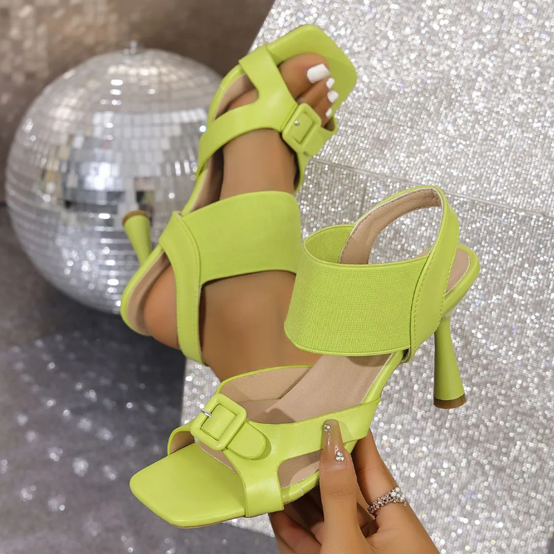 Women's Red & Green Elastic‑Cuff Buckle Stiletto Sandals, Square‑Toe Open‑Toe High Heels With Wide Strap Design, Easy Slip‑On Style, Plus Size Friendly, Everyday & Party Footwear For Women