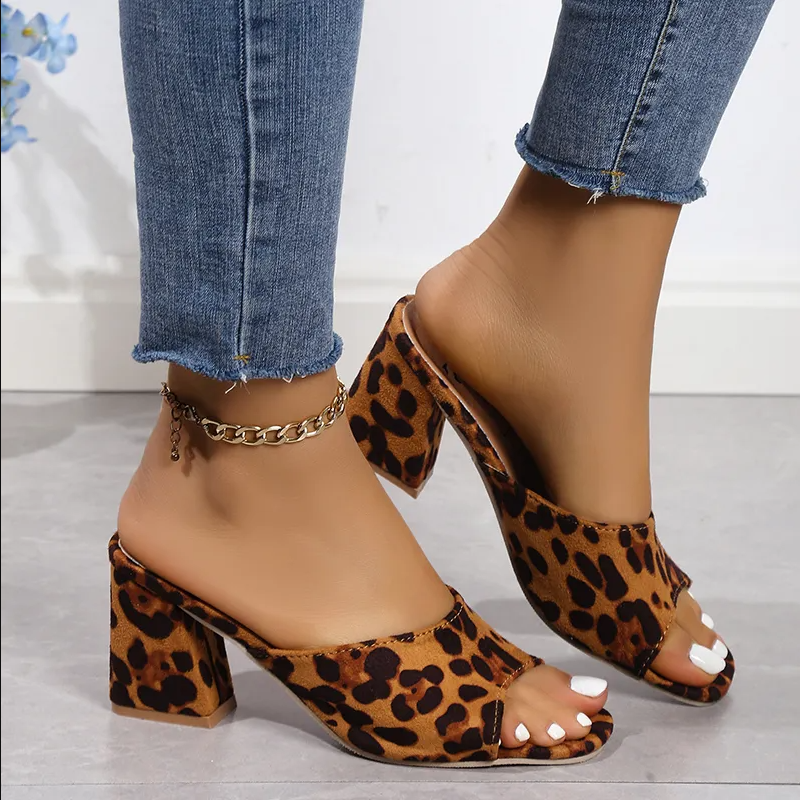 Women's Red Leopard Print Block Heel Mule Shoes, Open-Toe Slide Sandals With Chunky Heel, Suede-Like Upper, Comfort Footbed, Plus Size Available, Bold Party & Daily Footwear For Ladies