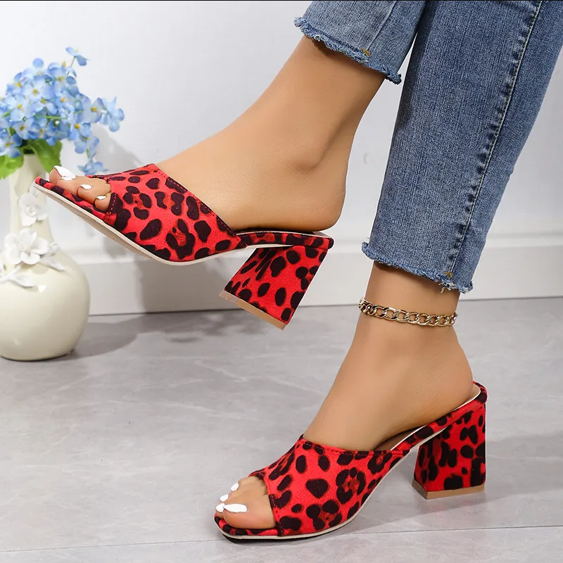 Women's Red Leopard Print Block Heel Mule Shoes, Open-Toe Slide Sandals With Chunky Heel, Suede-Like Upper, Comfort Footbed, Plus Size Available, Bold Party & Daily Footwear For Ladies