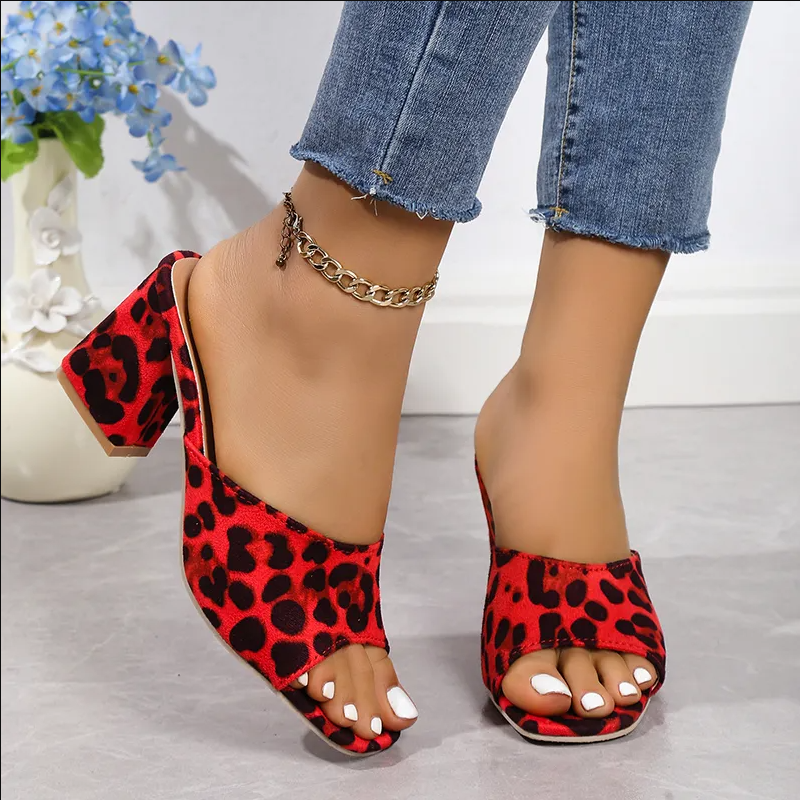 Women's Red Leopard Print Block Heel Mule Shoes, Open-Toe Slide Sandals With Chunky Heel, Suede-Like Upper, Comfort Footbed, Plus Size Available, Bold Party & Daily Footwear For Ladies