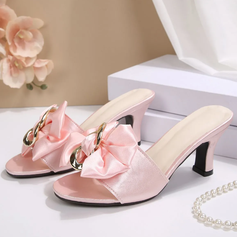Women's Satin Heel Mule Shoes, Bow & Gold Chain Slide Sandals In Black & Pink, Premium Satin Upper, Comfort Chunky Heel, Lightweight Design, Multiple Sizes, Dressy Footwear For Ladies